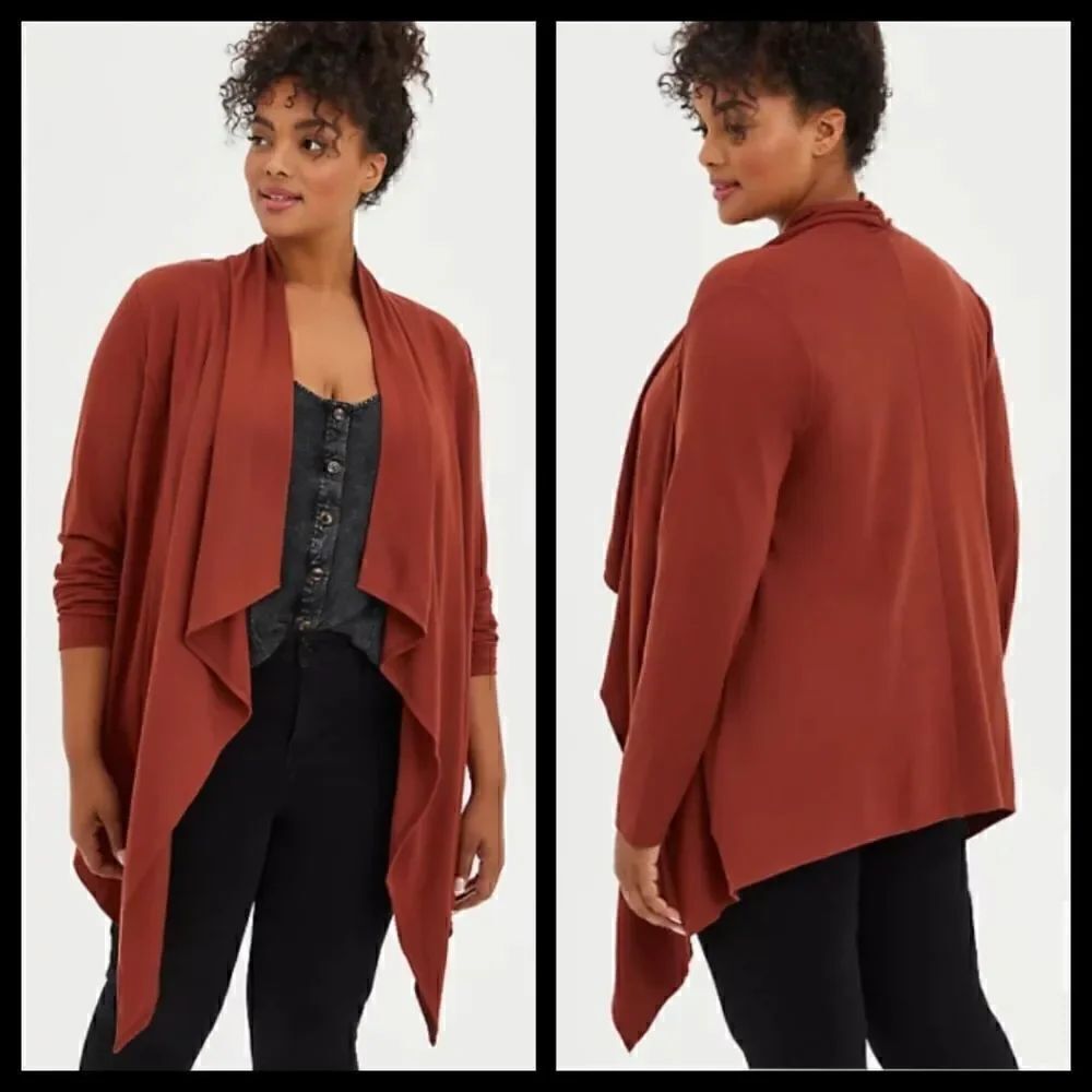 6X 30W Torrid Brown Ponte Drape Front Cardigan Sharkbite Hem Stretch Layering lo
